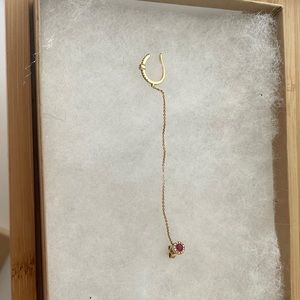 14K Gold W/Ruby and Diamond Ear climber w/chain